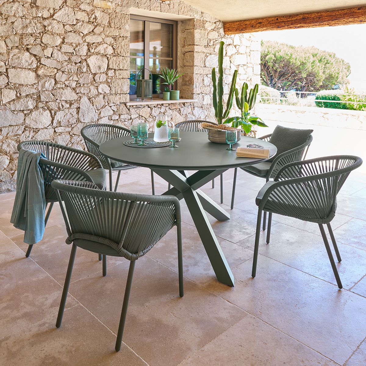 Garten-Tischset + 6 Sessel ORYON Lorbeer 6 Plätze - Epoxidbeschichtetes Aluminium, Glas Lorbeer