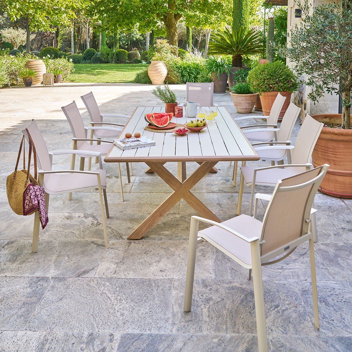 Garten-Tischset AXIOME + 8 Sessel AXANT Honig 8 Plätze - Epoxidbeschichtetes Aluminium Ton / Honig