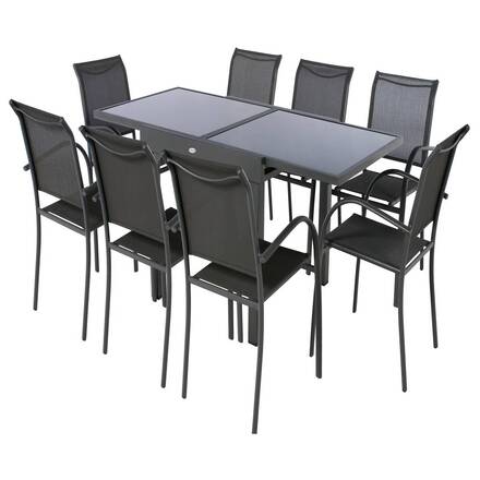 Ausziehbarer Gartentisch PIAZZA Graphit 8 Plätze - Epoxy-behandeltes Aluminium, Gehärtetes Glas