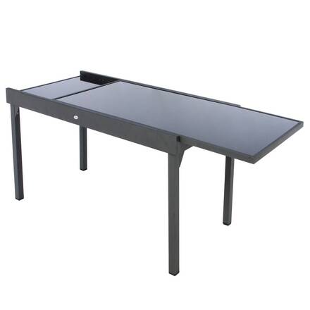 Ausziehbarer Gartentisch PIAZZA Graphit 12 Plätze - Epoxy-beschichtetes Aluminium, Gehärtetes Glas