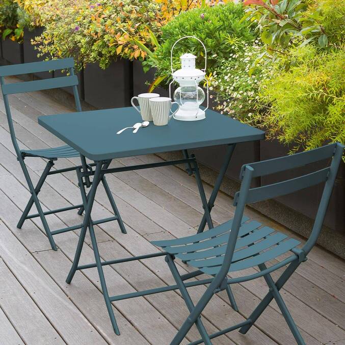 Quadratischer klappbarer Gartentisch GREENSBORO Entenblau 2 Plätze - Epoxy-beschichteter Stahl, Verstärkter Rostschutz Entenblau