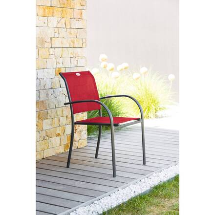 Stapelbarer Gartenstuhl mit Armlehnen PIAZZA Granatapfel / Graphit Epoxidharz behandeltes Aluminium, Texaline
