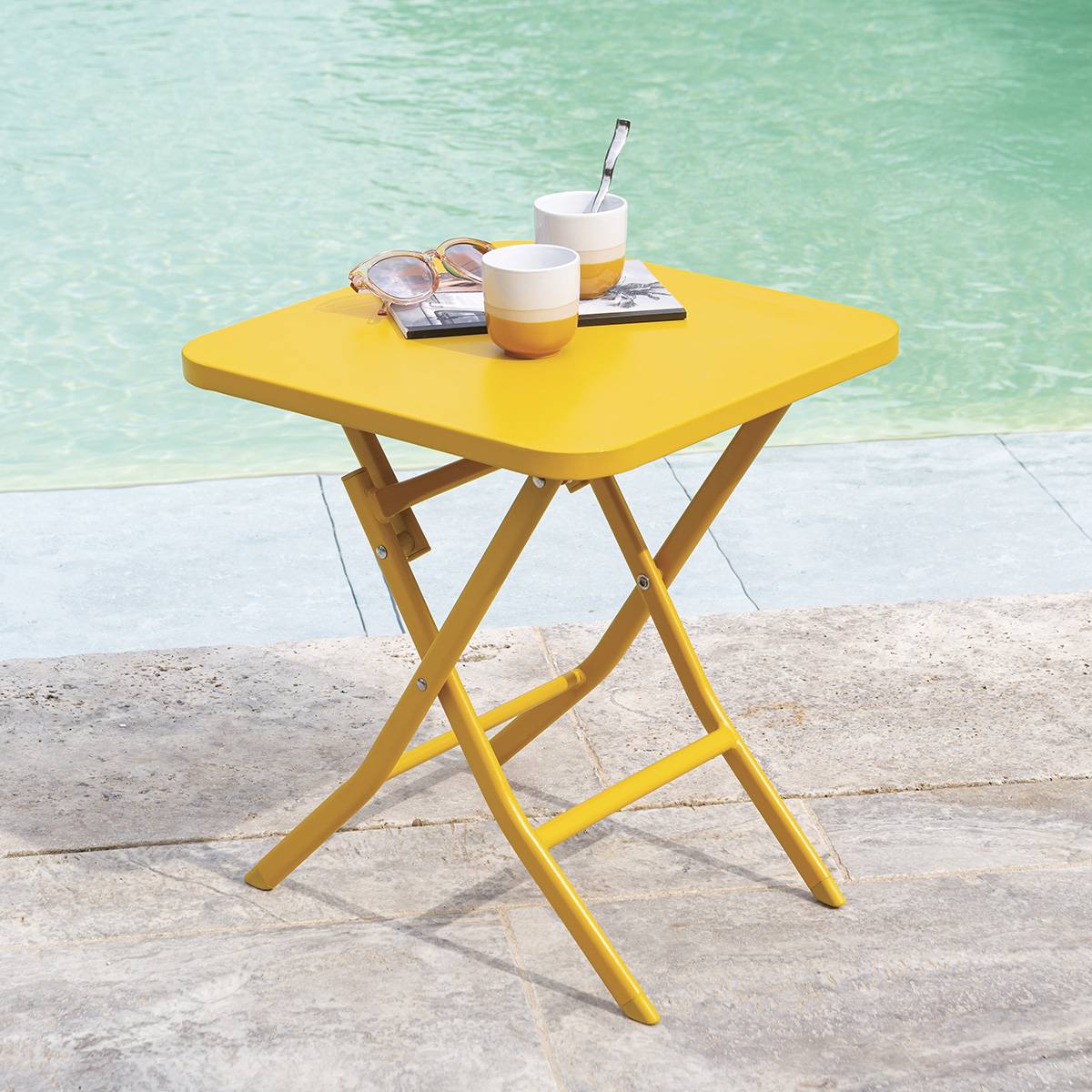 Quadratischer Gartenbeistelltisch GREENSBORO Senfgelb 40 x 40 cm - Stahl, Verstärkter Rostschutz Senfgelb