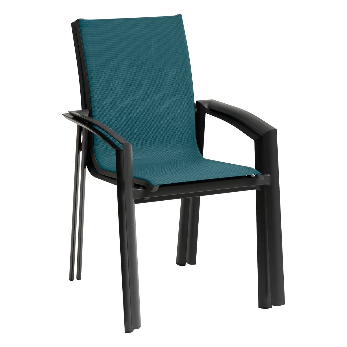 Stapelbarer Gartenstuhl mit Armlehnen AXANT Petrolblau / Graphit Epoxidharz behandeltes Aluminium, Texaline Entenblau / Graphit