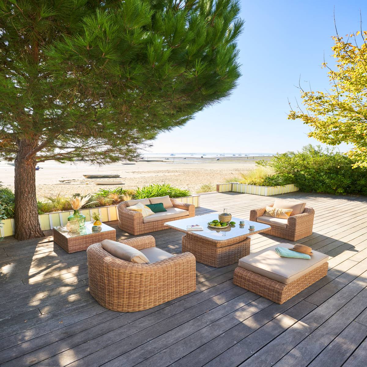 Gartenhocker MOORÉA Savana Epoxidharz behandeltes Aluminium, Synthetisches Geflecht, Polyester Savana