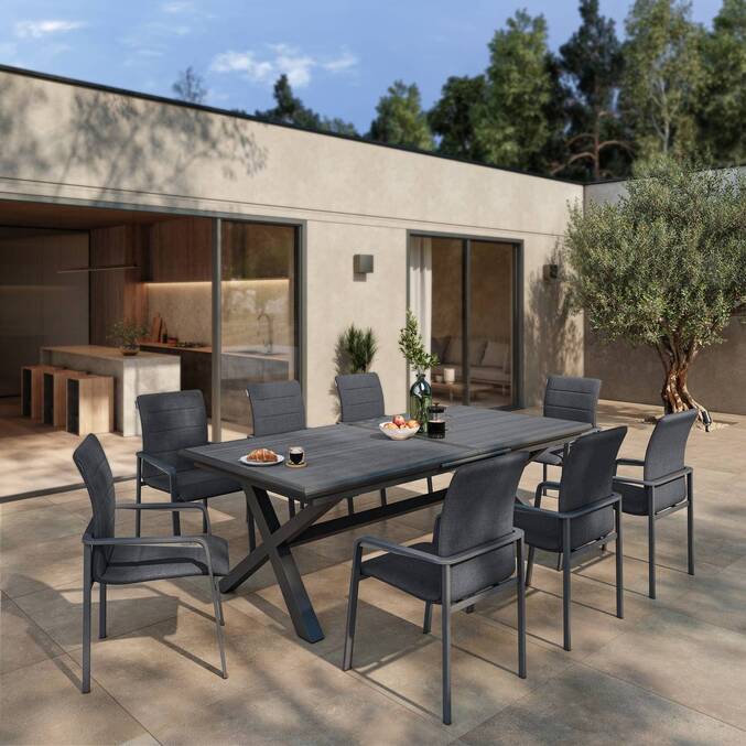 Stapelbarer Gartenstuhl mit Armlehnen DIESE Anthrazit / Graphit Epoxidharz behandeltes Aluminium, Texaline Anthrazit / Graphit