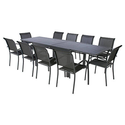 Gartentisch PIAZZA Graphit + 10 Stühle PIAZZA 1 ausziehbarer Tisch 10 Plätze und 10 stapelbare Sessel