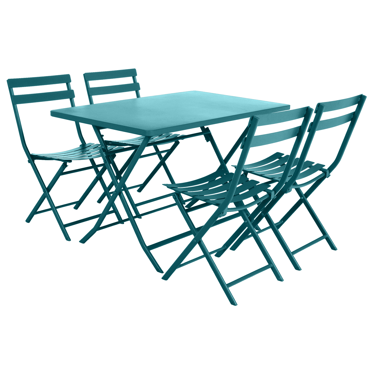 Faltbares rechteckiges Gartentisch GREENSBORO Entenblau + 4 Stühle GREENSBORO 1 Tisch 4 Plätze und 4 klappbare Stühle Entenblau