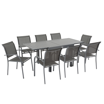 Ausziehbarer Gartentisch PIAZZA + 8 Stühle PIAZZA 1 ausziehbarer Tisch 8 Plätze und 8 stapelbare Sessel