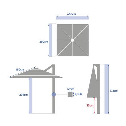Rechteckiger neigbarer Ampelschirm MELHIA Lin 4 x 3 m - Aluminium epoxidbeschichtet, Stahl, Olefin