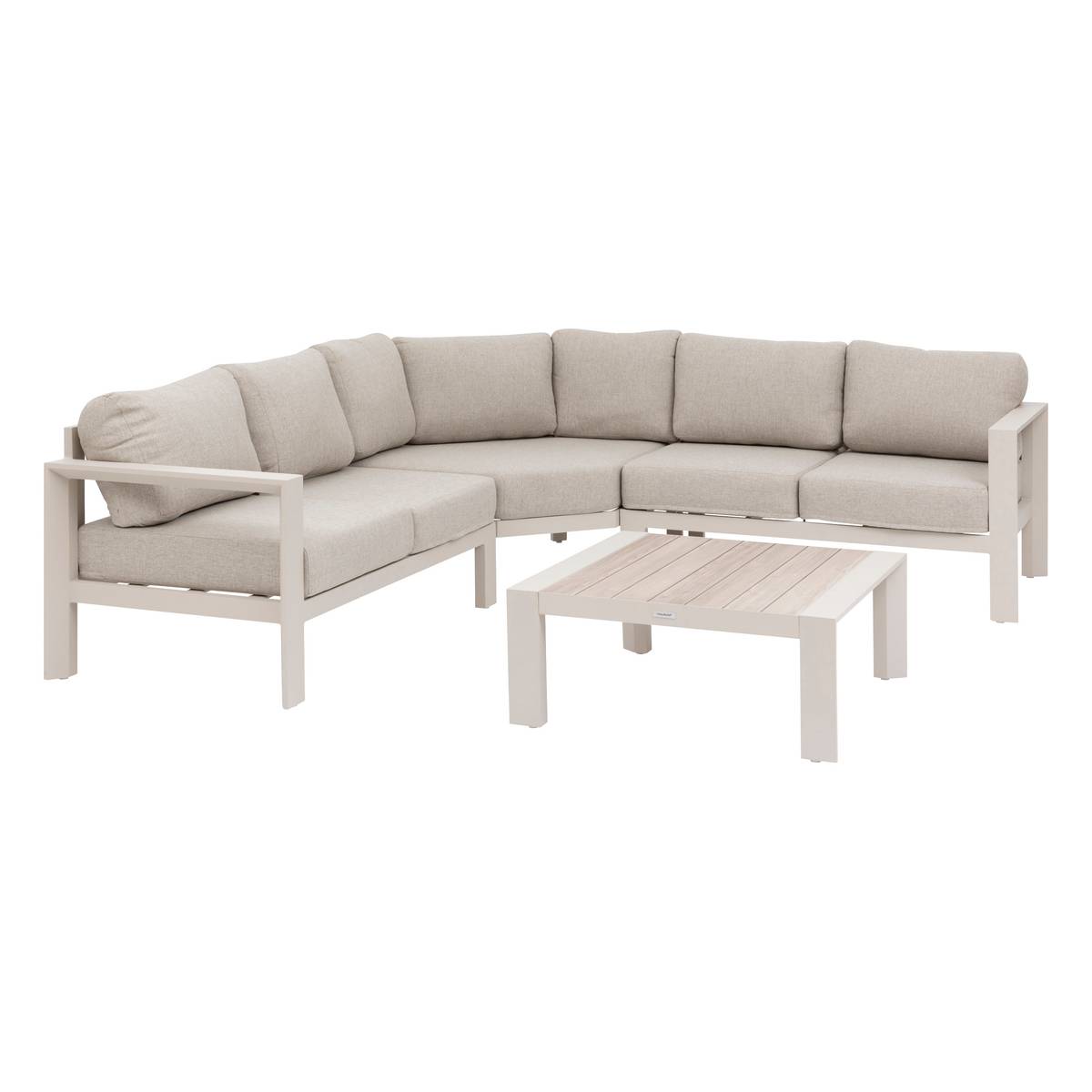 Gartenecksofa ÉVASION Ton / Leinen 5 Plätze - Epoxy-behandeltes Aluminium, Olefin Lehmfarben / Leinen