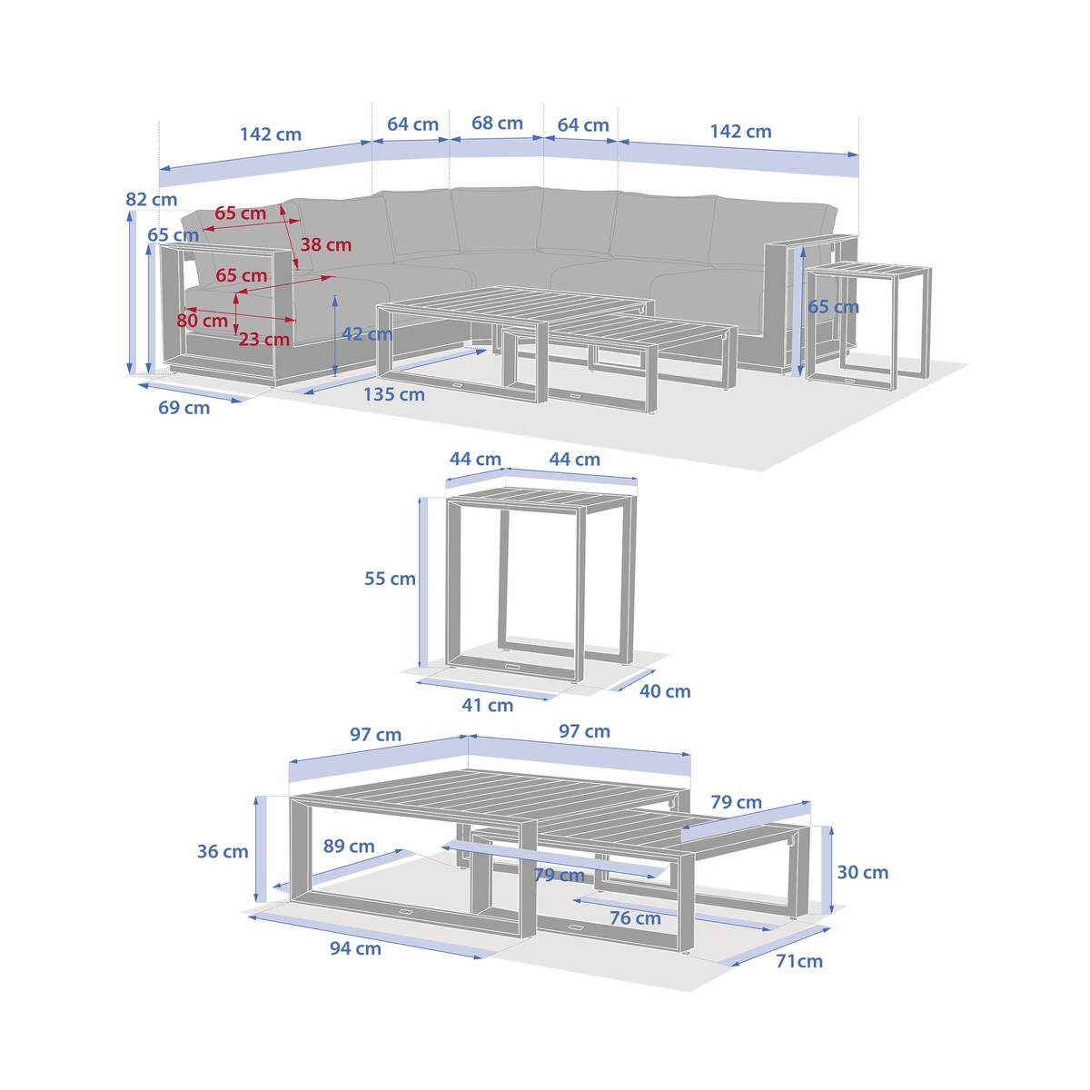 Gartenecksofa ALLURE Graphit 5 Plätze - Epoxy-behandeltes Aluminium, Polyester Grau / Graphit