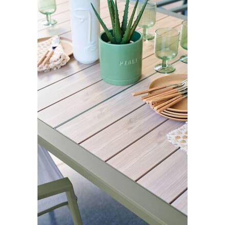 Ausziehbarer Gartentisch mit Schiebefunktion ÉVASION Holzoptik Leinen / Lorbeergrün 10 Plätze - Epoxy-behandeltes Aluminium, Aluminiumlatten in Holzoptik