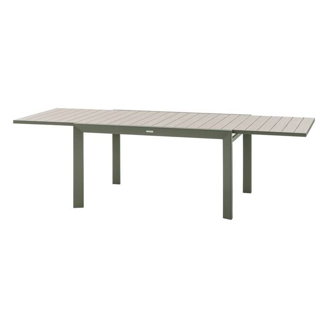 Ausziehbarer Gartentisch mit Schiebefunktion ÉVASION Holzoptik Leinen / Lorbeergrün 10 Plätze - Epoxy-behandeltes Aluminium, Aluminiumlatten in Holzoptik Holzoptik Leinen / Lorbeergrün