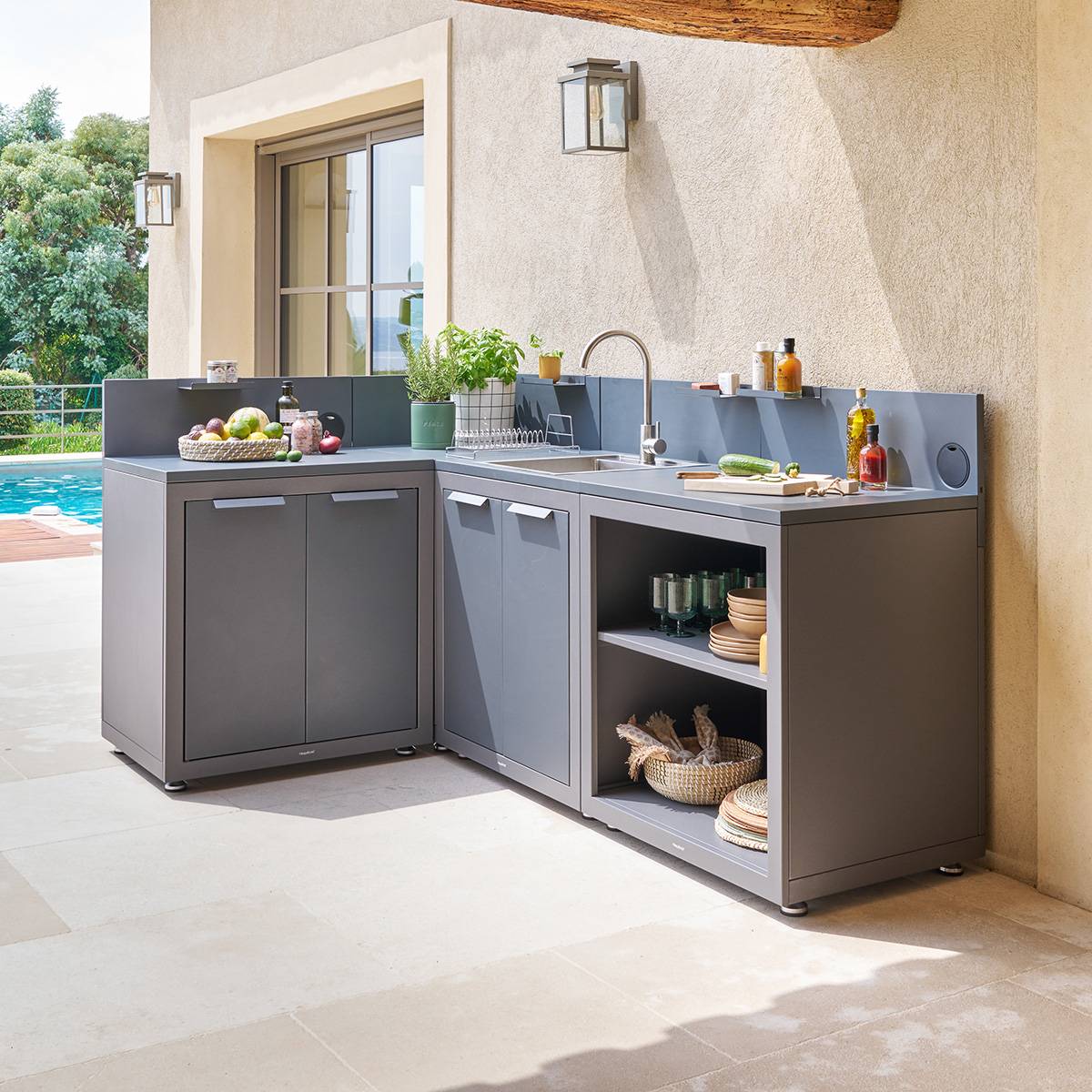 Eckmodul für Sommerküche OXYANA Graphit 110 x 60 x 60 cm - Verzinkter Stahl, Verstärkter Rostschutz Graphit