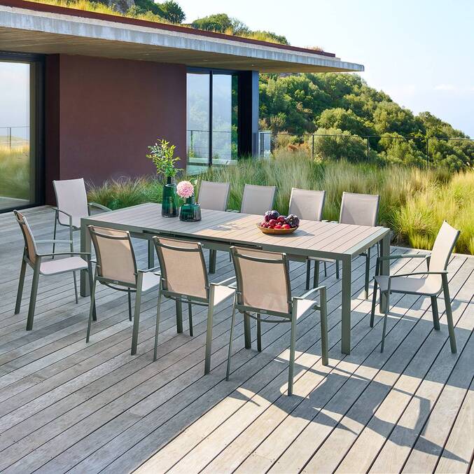 Ausziehbarer rechteckiger Gartentisch ÉVASION Leinen / Lorbeergrün 10 Plätze - Epoxy-beschichtetes Aluminium Leinen / Lorbeer