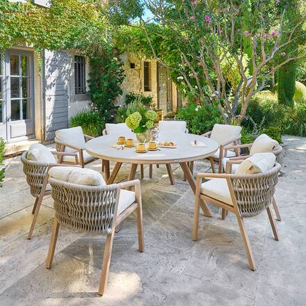 Gartentisch rund NELORA Beige schnur / Honey 8 Plätze - Epoxy-behandeltes Aluminium, Sinterstein