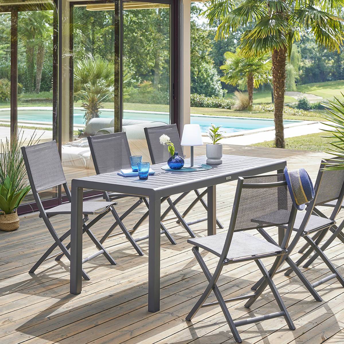 Set of 4 folding garden chairs ESSENTIA Anthracite / Graphite Epoxy-treated aluminum, Texaline Anthracite / Graphite