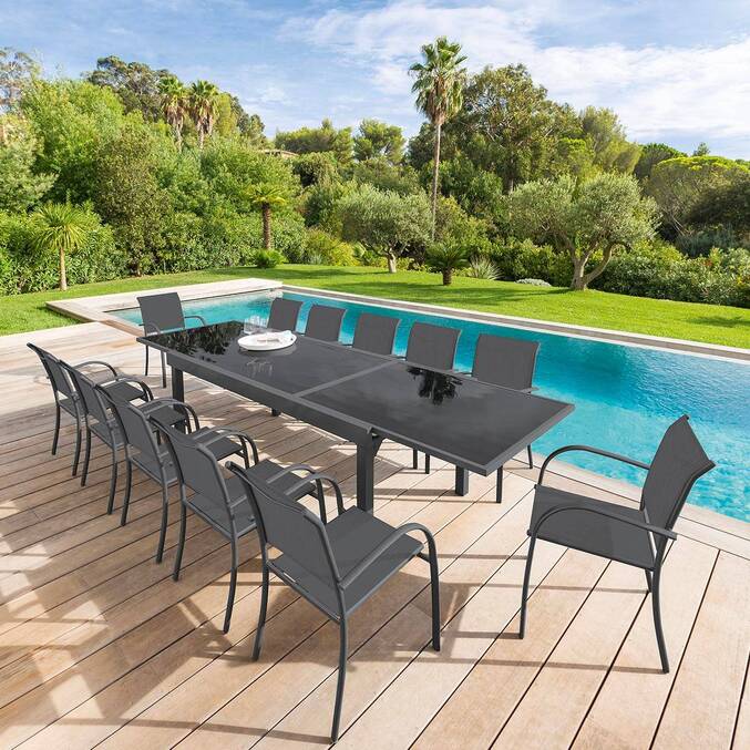 Extendable garden table PIAZZA Graphite 10 seats - Epoxy treated aluminum, Tempered glass Graphite