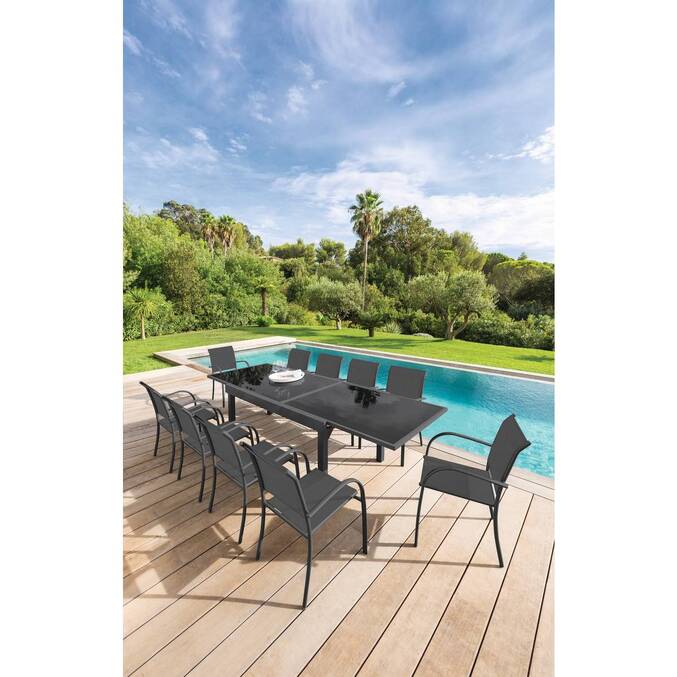 Extendable garden table PIAZZA Graphite 10 seats - Epoxy treated aluminum, Tempered glass Graphite