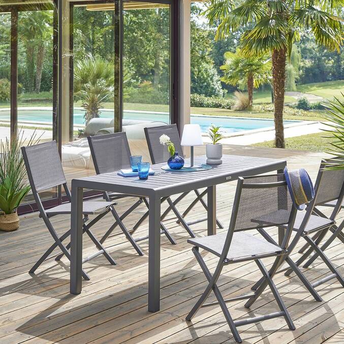 Set of 4 folding garden chairs ESSENTIA Anthracite / Graphite Epoxy-treated aluminum, Texaline Anthracite / Graphite