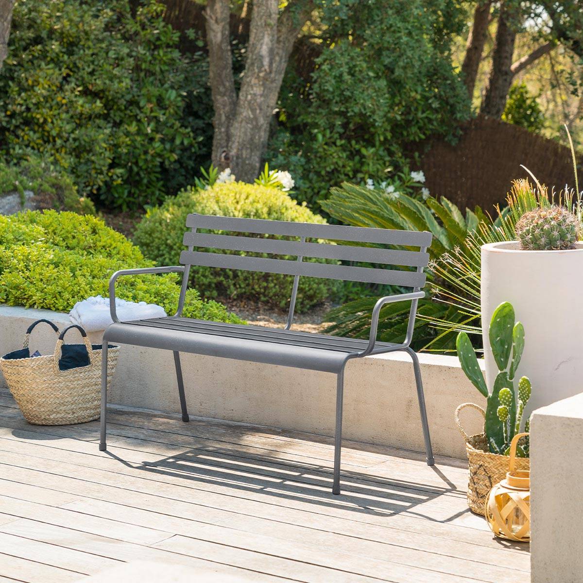 Garden bench GREENSBORO Graphite grey 2 seats - Epoxy-treated steel, Reinforced anti-rust treatment Graphite