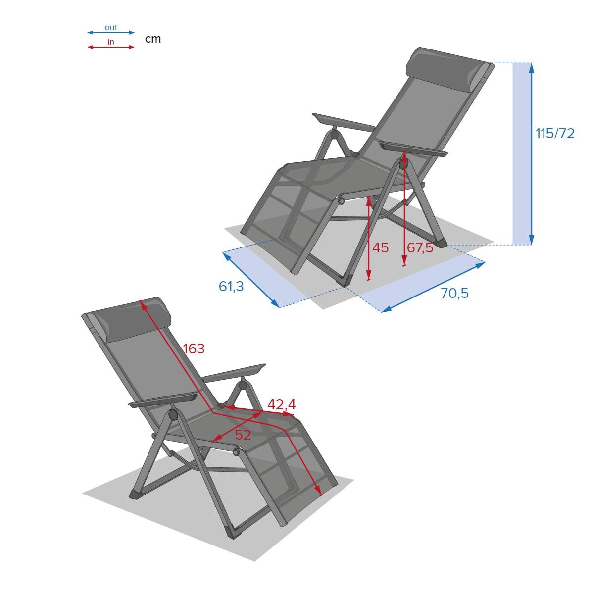 Garden recliner DECIMA Anthracite / Graphite 8 positions - Epoxy-treated aluminum, Texaline Anthracite / Graphite