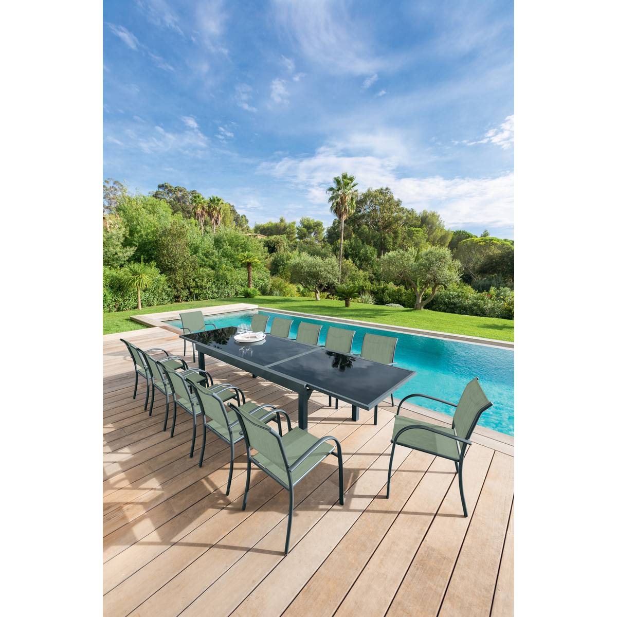 Stackable garden chair with arms PIAZZA Olive green / Graphite Epoxy-treated aluminum, Texaline Olive green / Graphite