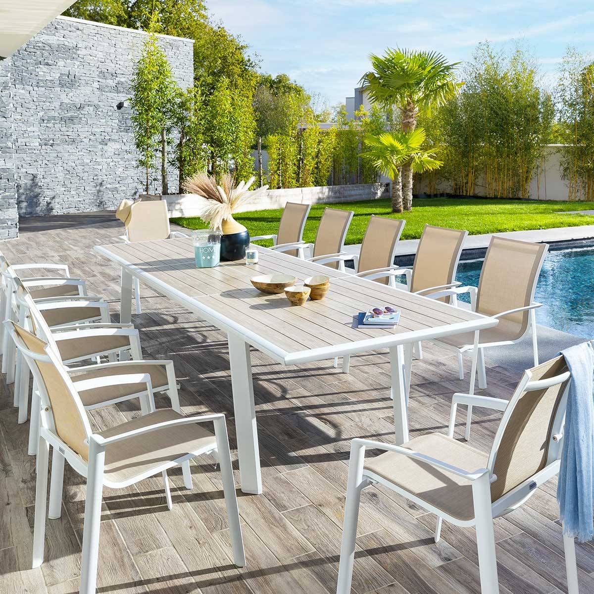 Extendable garden table PAVANE Linen / White 12 seats - Epoxy-coated aluminum Linen / White