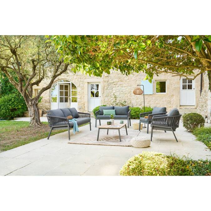 Garden lounge set ORIENGO Anthracite / Graphite 5 seats - Epoxy-treated aluminum, FSC® certified acacia, Polyester Anthracite / Graphite