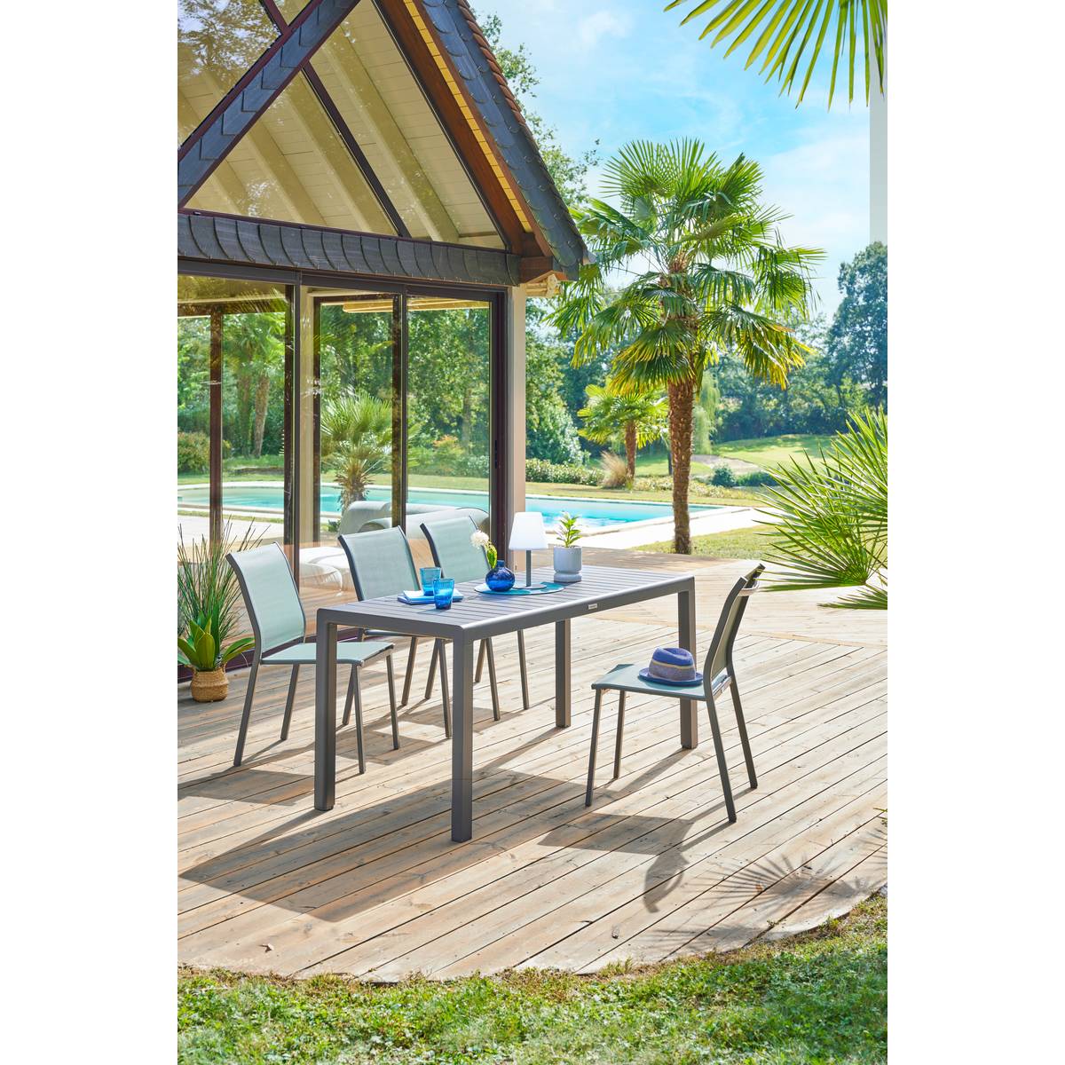 Stackable garden chair ESSENTIA Olive green / Graphite Epoxy-treated aluminum, Texaline Olive green / Graphite
