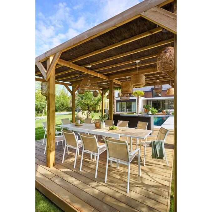 Stackable garden chair with arms ESSENTIA Linen / White Epoxy-treated aluminum, Texaline Linen / White