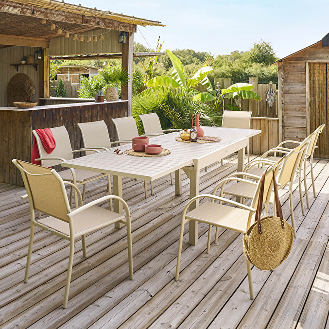 1 extendable garden table PIAZZA Clay + 10 stackable armchairs PIAZZA 1 extendable table for 10 seats and 10 stackable chairs Clay