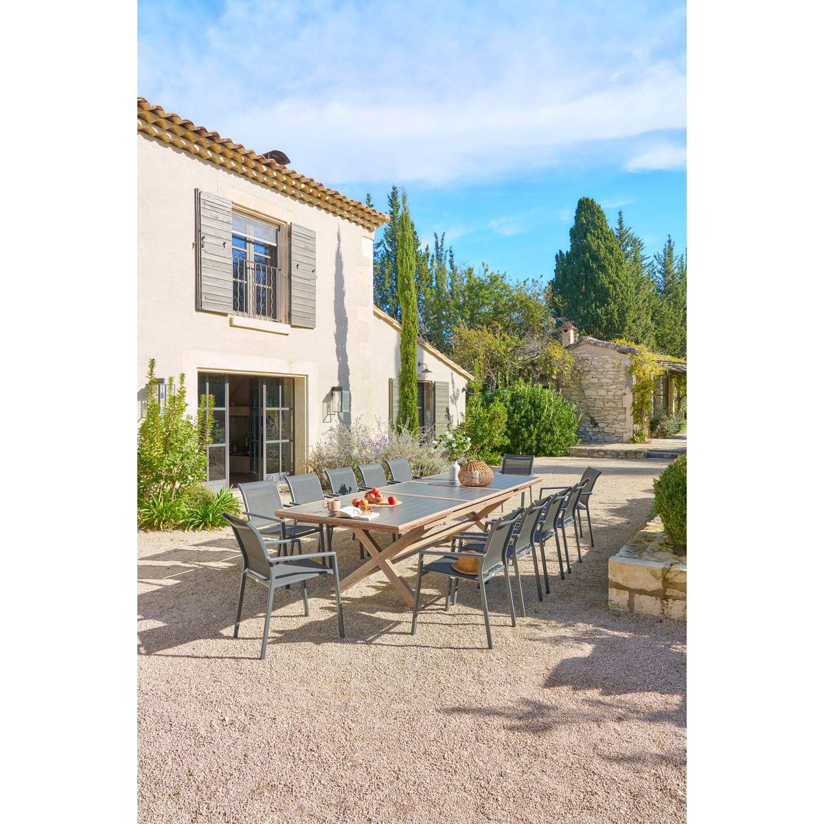 Extendable garden table AXIOME Graphite / Honey 12 seats - Epoxy-coated aluminum Graphite / Honey