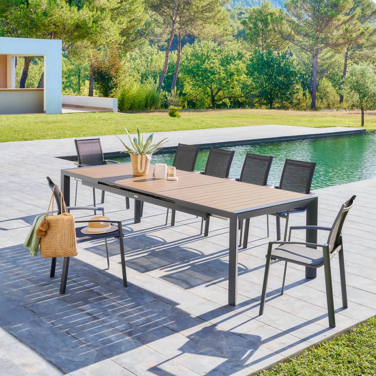 Garden table ÉVASION Wood effect Honey / Graphite 10 seats - Epoxy-coated aluminum Wood Effect Honey / Graphite
