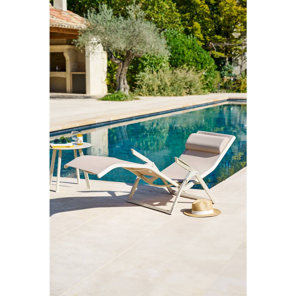 Sun lounger DECIMA Linen / Clay 2 positions - Epoxy-treated aluminum, Texaline Linen / Clay