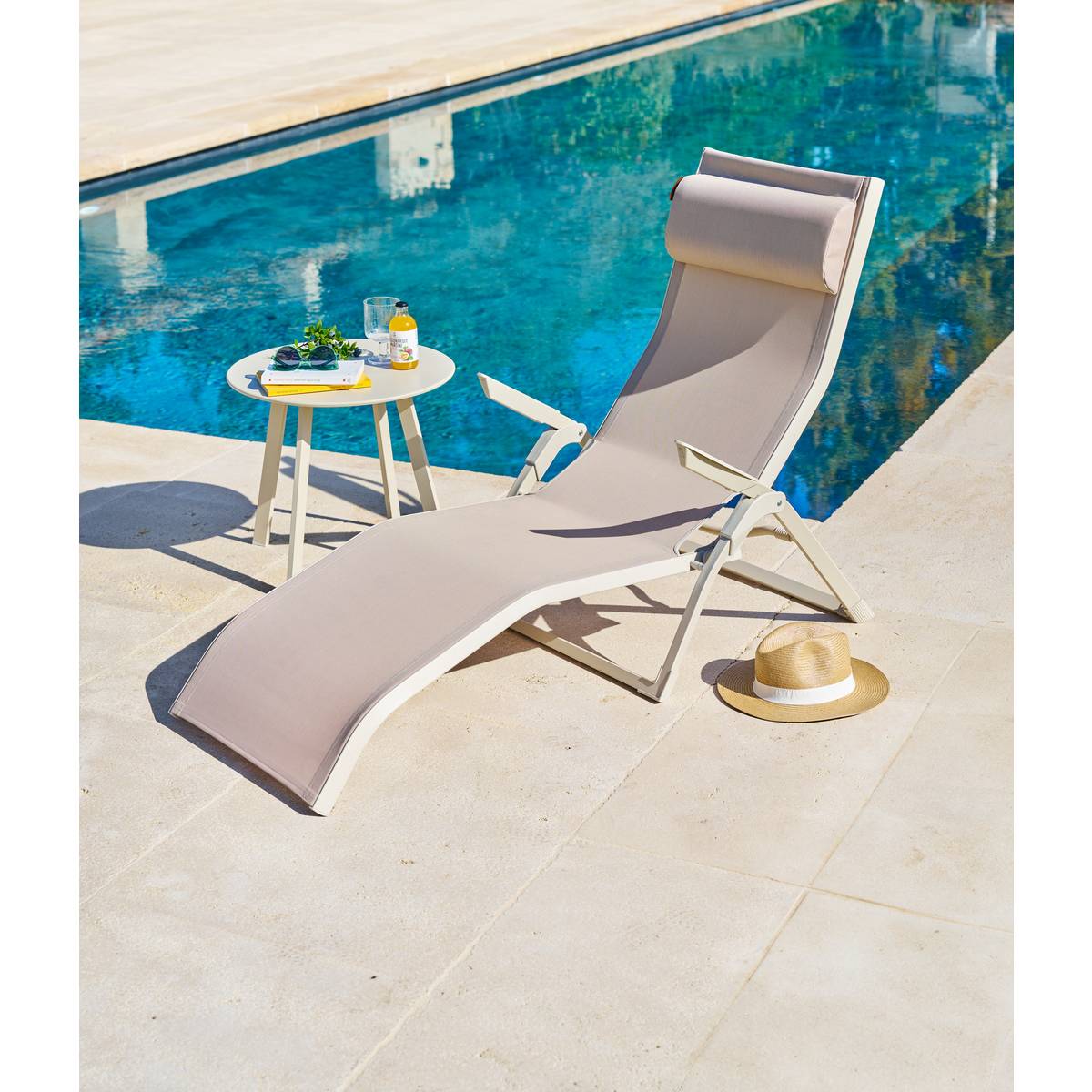Sun lounger DECIMA Linen / Clay 2 positions - Epoxy-treated aluminum, Texaline Linen / Clay