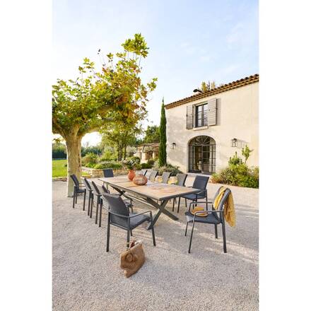 Extendable garden table AXIOME Wood Effect Walnut / Graphite 12 seats - Epoxy-coated aluminum