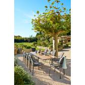 Sliding extendable garden table ÉVASION Wood effect Honey / Graphite 10 seats - Epoxy-treated aluminum, wood-effect aluminum slats Wood Effect Honey / Graphite