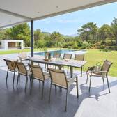 Sliding extendable garden table ÉVASION Wood effect Linen / Laurel green 10 seats - Epoxy-treated aluminum, wood-effect aluminum slats Wood Effect Linen / Laurel Green