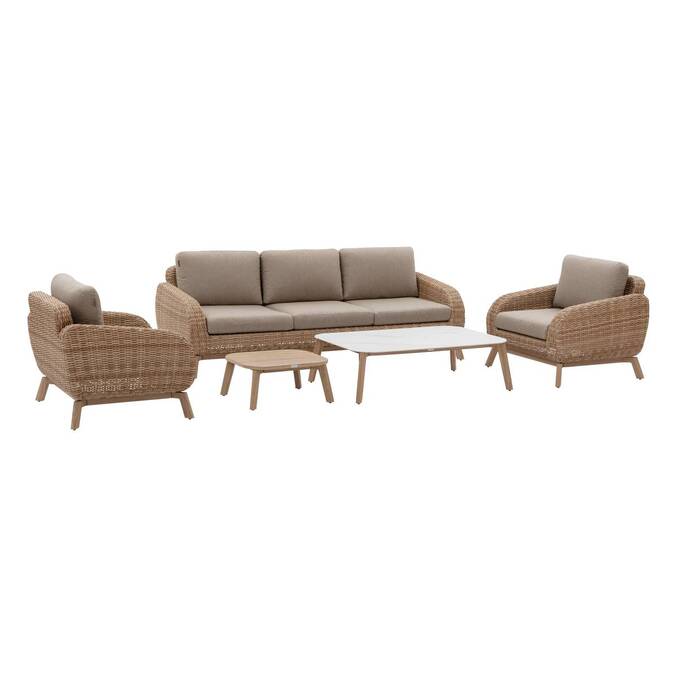 Garden lounge set MANISSA Honey 5 seats - Epoxy-treated aluminum, Synthetic wicker, Recycled polyester Beige / Honey