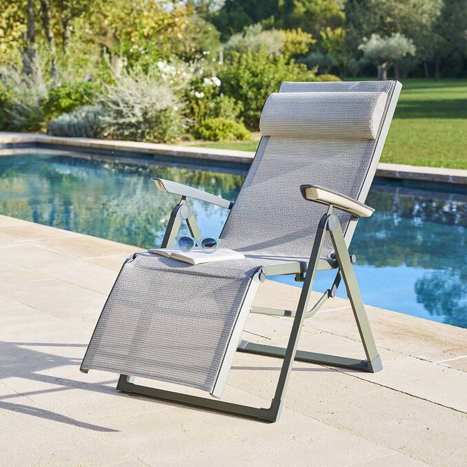 Garden recliner DECIMA Olive green / Laurel green 8 positions - Epoxy-treated aluminum, Texaline3804
