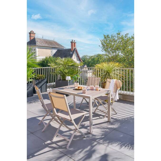Garden table ÉVASION Wood effect linen / Clay 4 seats - Epoxy-treated aluminum, Wood-effect aluminum slats Wood Effect Linen / Clay