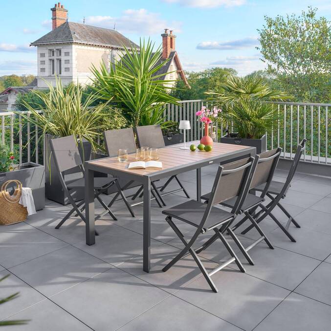 Garden table ÉVASION Wood effect Honey / Graphite 6 seats - Epoxy-treated aluminum, wood-effect aluminum slats Wood Effect Honey / Graphite