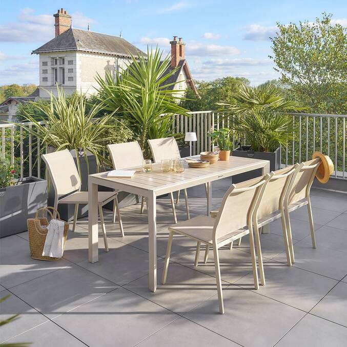 Garden table ÉVASION Wood effect Linen / Clay 6 seats - Epoxy-treated aluminum, wood-effect aluminum slats Wood Effect Linen / Clay