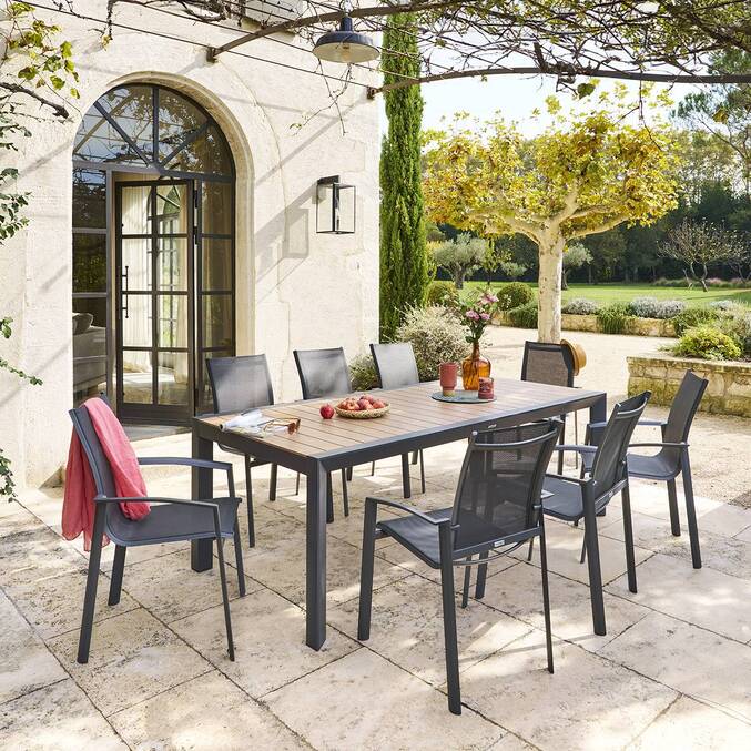 Garden table ÉVASION Wood effect honey / Graphite 8 seats - Epoxy-treated aluminum, wood-effect aluminum slats Wood Effect Honey / Graphite