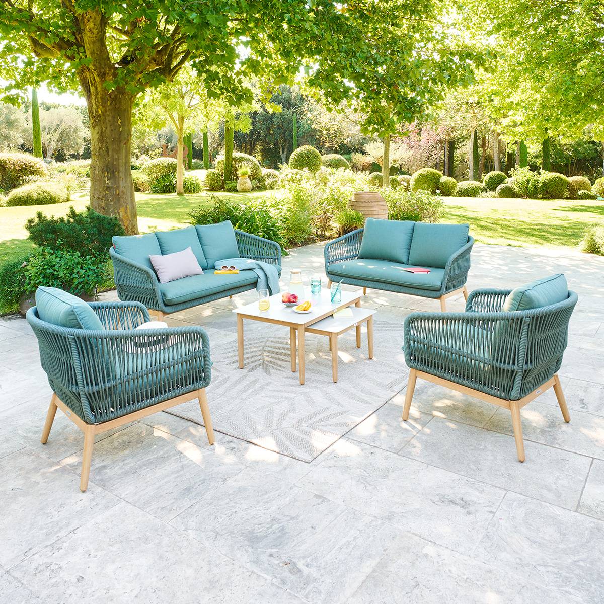 Garden lounge set ORISSA Olive green 5 seats - Epoxy-coated steel, Polyester Olive green