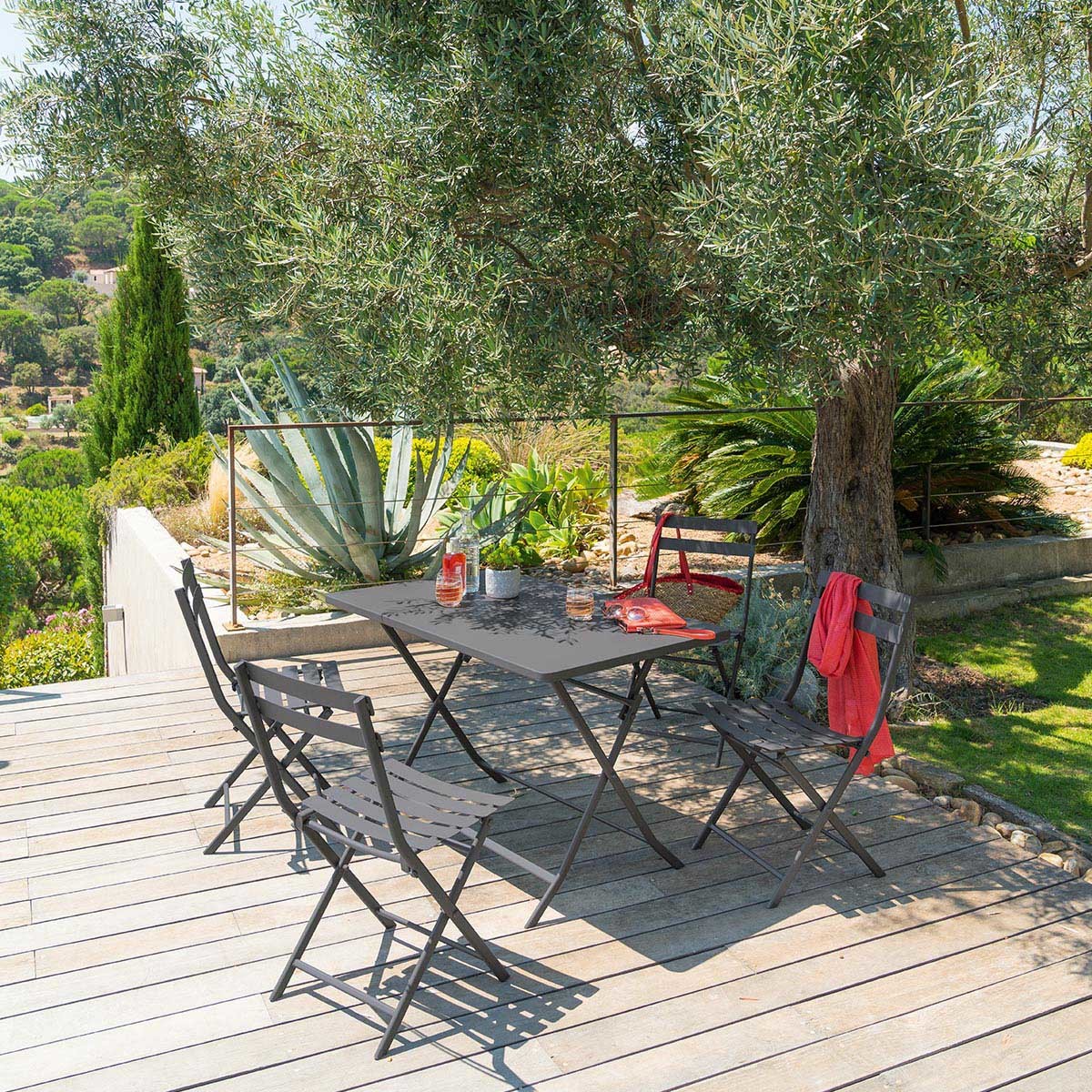Folding rectangular garden table set + 4 chairs GREENSBORO Graphite 4 seats - Epoxy-coated steel, Reinforced anti-rust treatment Graphite