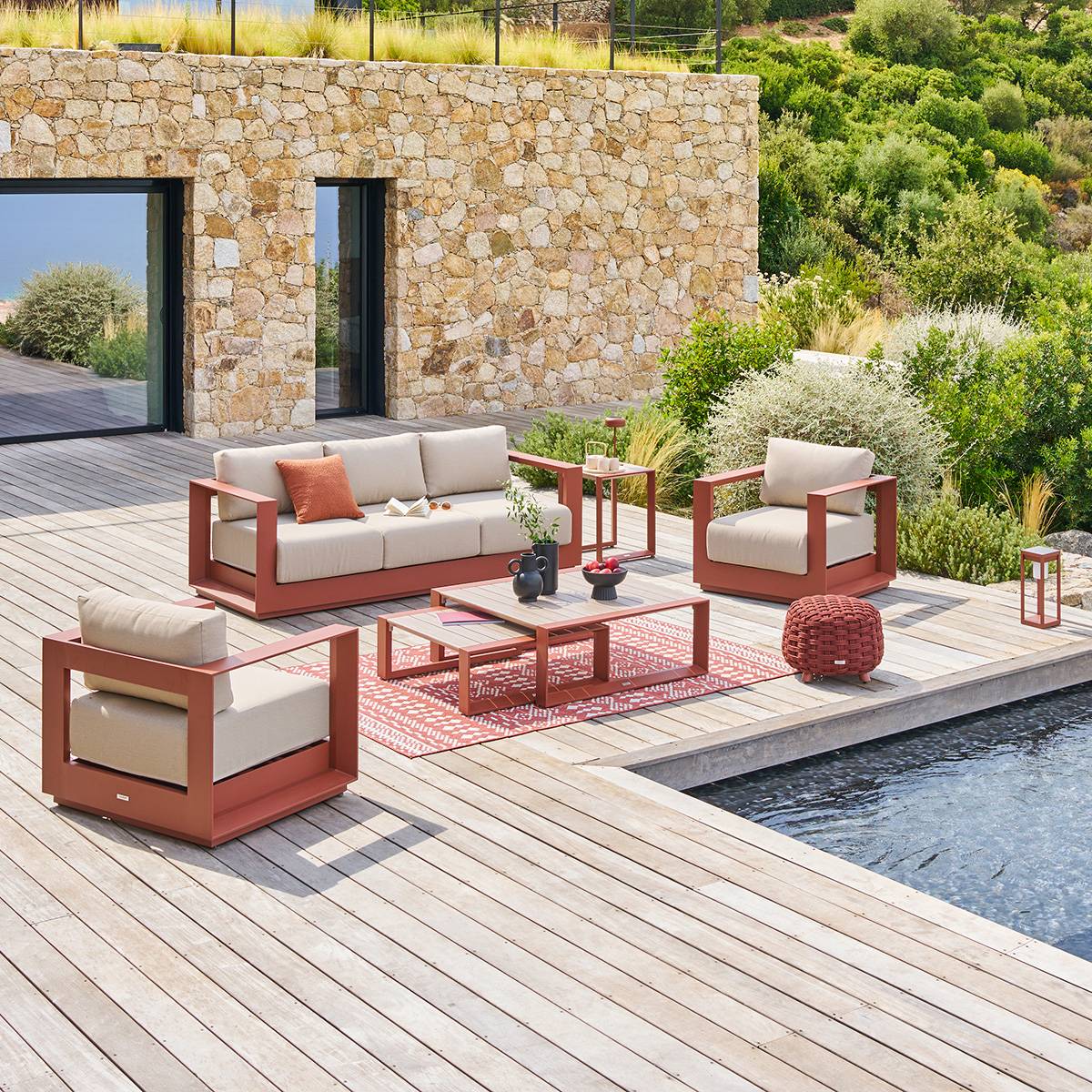 Rotating Garden Set ALLURE Beige / Mahogany 5 seats - Epoxy-treated aluminum, Polyester Beige Zebrano / Brown Mahogany