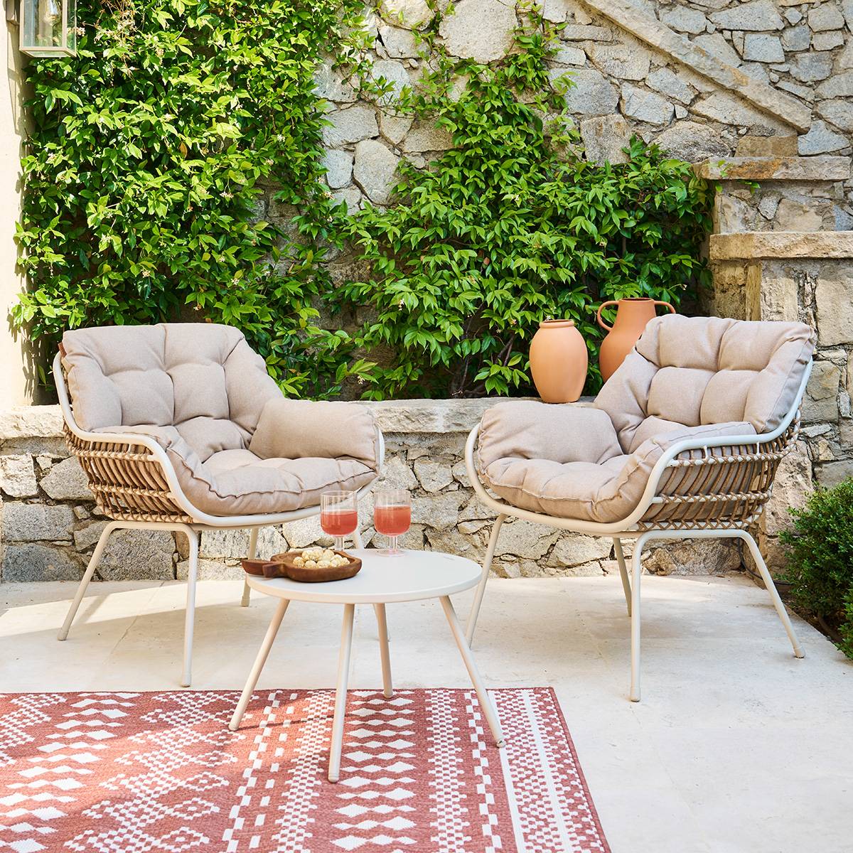 Duo garden set PAOPAO Beige / Clay 2 seats - Epoxy-treated steel, Reinforced anti-rust treatment, Polyester Beige / Clay